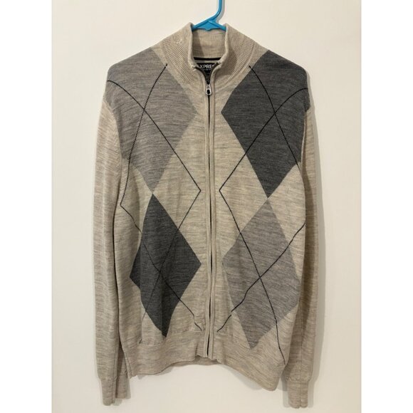 Express Mens Argyle Full‎ Zip Cardigan Sweater Size Large Gray and Beige - Picture 1 of 9